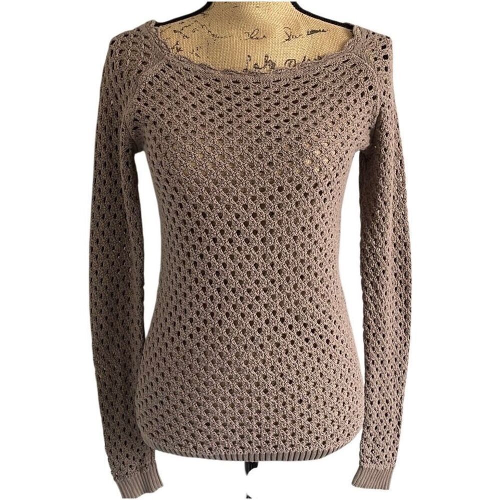 EUC LOFT Taupe Embroidered Knit Scalloped Neckline Sweater - XSP